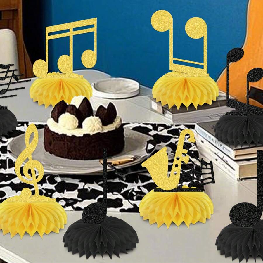 8 piezas de centros de mesa de panal de abeja con notas musicales de papel, suministros para conciertos y bautizos, decoraciones para fiestas de cumpleaños con tema de notas musicales, decoraciones para fiestas con tema de notas musicales de saxofón, centros de mesa de fiesta en negro y dorado - Ver 1