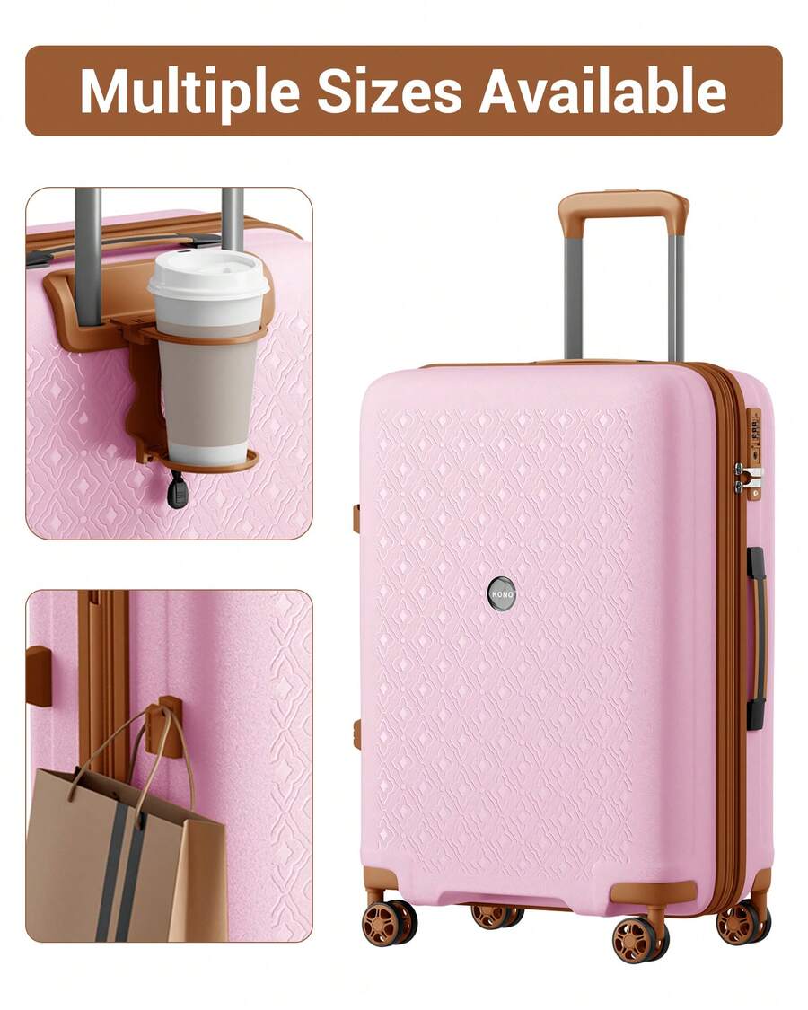Carry On Suitcase Small 20 Inch Cabin Luggage Medium 24 Inch Large 28 Inch PP Hard Shell Expandable Lightweight TSA Lock Cup Holder 3 Piece Set Pink