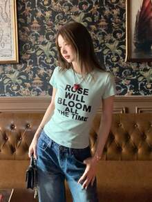 American Retro Letter Print Short Sleeve T-Shirt Women's Design Niche Slim Fit Top Casual Summer - Mint Green - View 6