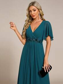 EVERPRETTY Elegant Teal Chiffon Wedding Guest Dress For Fall Wedding Anniversary With Floral Applique Waist And Flutter Sleeves Romantic Formal Dress - Teal Blue - View 7