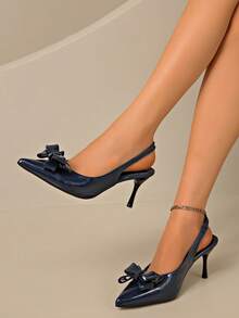 JABOOLINX Spring/Summer Women's Pointed Toe High Heel Sandals With Single Strap Buckle And Bow, Suede Closed-Toe Shoes, Commuter Versatile - Navy Blue - View 5