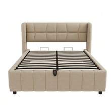 Upholstered Bed 140 X 200 Cm, Headboard, Sprung Base With Pneumatic Storage System, Linen Bed Frame, Suitable For Adults And Teenagers, Beige - 米色 - 查看 9