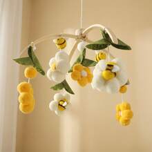 Wooden Frame Baby Crib Mobile, With Felt Bee And Plush Ball Flower Pendants, Nursery Hanging Decoration - Yellow - View 6