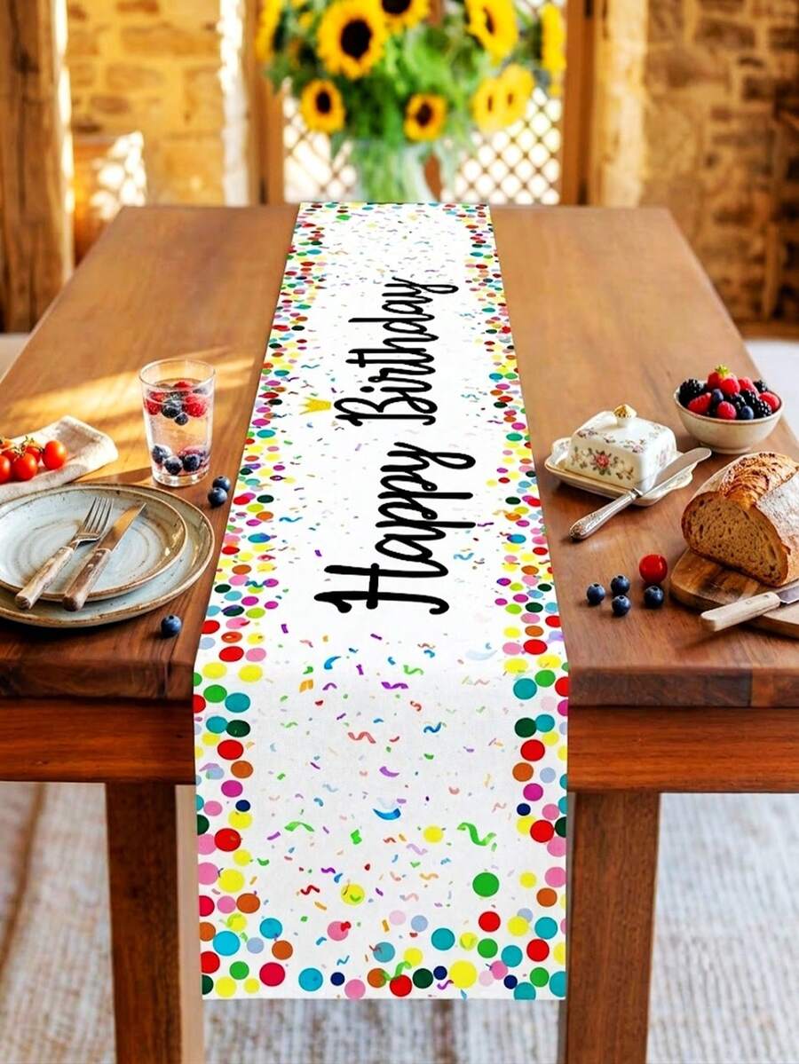 1件白色生日快樂桌旗,180x35cm彩色波點聚酯纖維桌布,適合男孩女孩1歲生日派對桌飾 - 彩色 - 查看 1