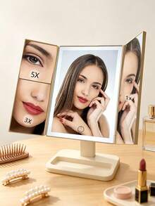 1pc New Rotatable 3-Fold LED Makeup Mirror, 3-Color Light Folding Vanity Mirror, Multi-Magnification Makeup Mirror, Portable Vanity Mirror, Fill Light Mirror, Birthday Gift For Family And Friends - Multicolor - View 2