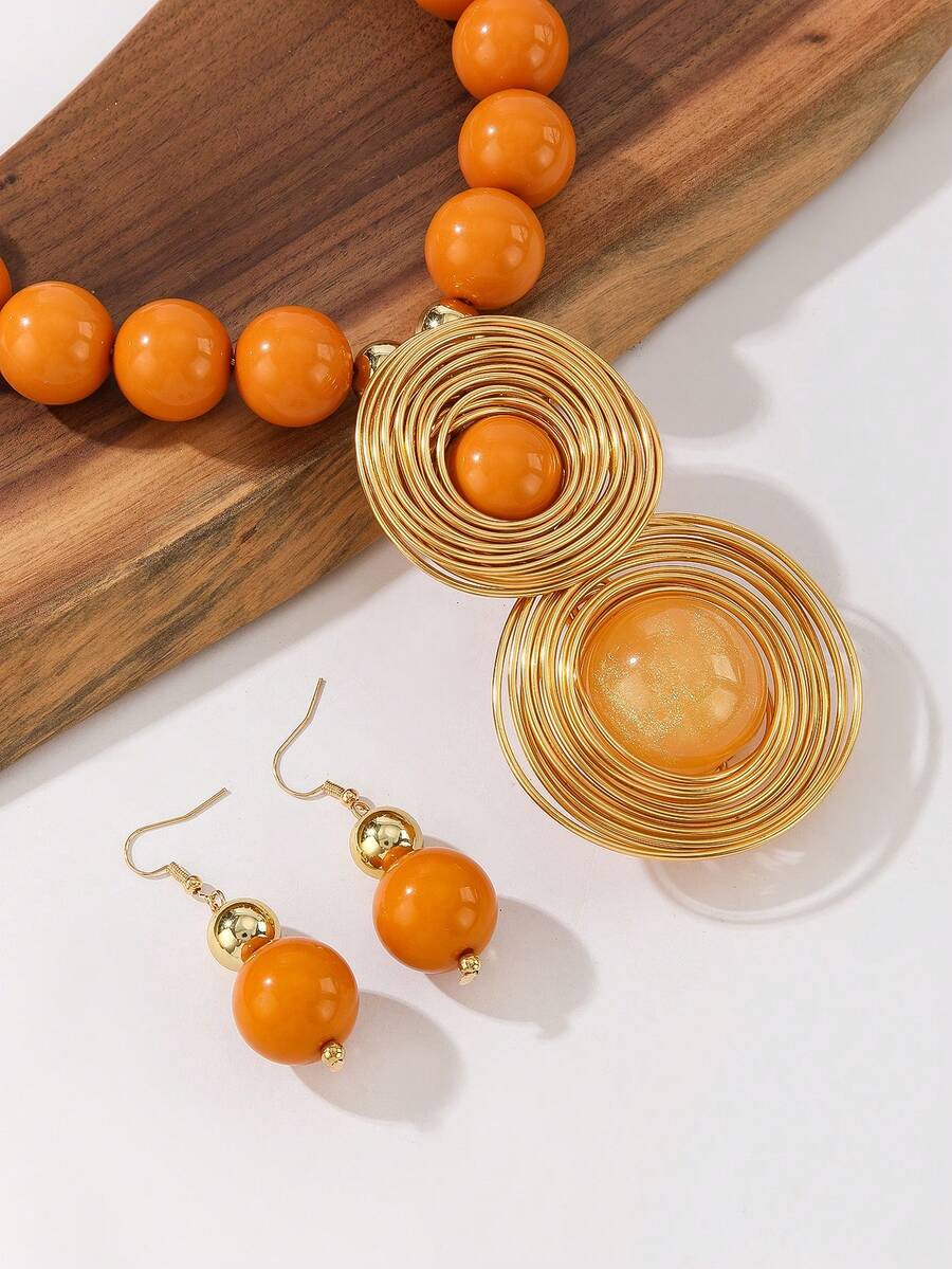 2pcs/Set Aluminum Wire Gourd Round Necklace & Earrings, Niche Vintage Minimalist Glamorous Personalized Women's Jewelry Set For Evening Dress & Party - Yellow - View 1
