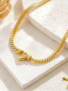 1 Set Stainless Steel Jewelry Set, Rust-Resistant Heart Bracelet And Necklace Layered Accessories For Gift And Party - Yellow Gold - View 4
