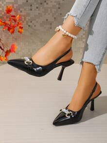 Black High Heel Shoes For Women, New Thin Heel Pointed Toe Low Vamp Pumps, Elegant Metal Buckle Strap Closed Toe Sandals - Black - View 6