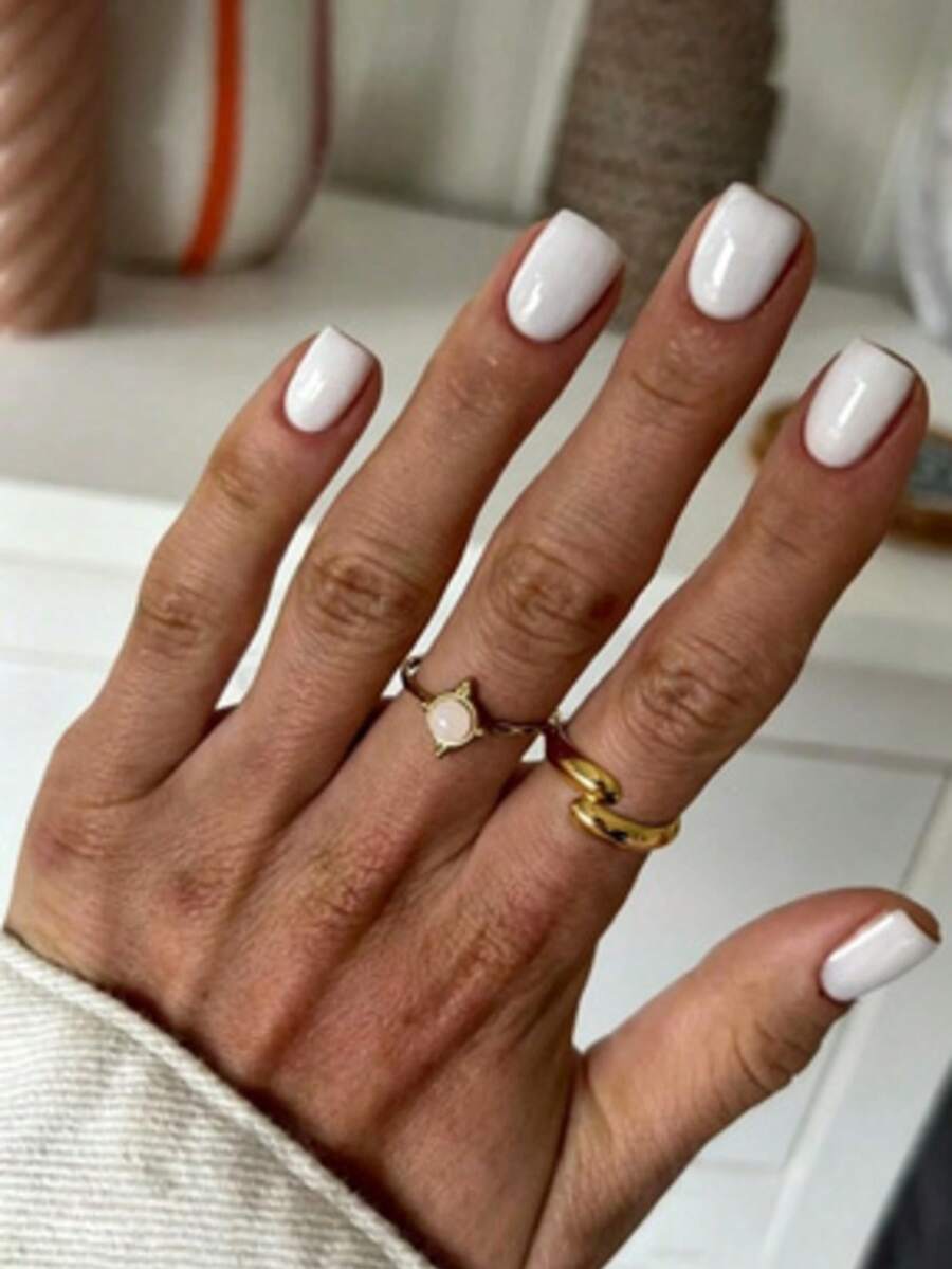 24pcs White Square Short Classic Minimalist French Style Full Coverage Press-On False Nail Tips To Enhance Your Look, Suitable For Parties, Dates And Daily Wear Nails
