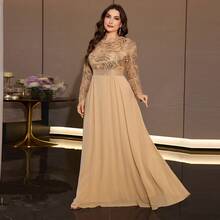 XUIBOL Elegant Plus Size Women's Round Neck Long Sleeve Sequin Fitted Bodice Formal Dress, Flared Skirt, Suitable For Evening Occasions - Champagne - View 13