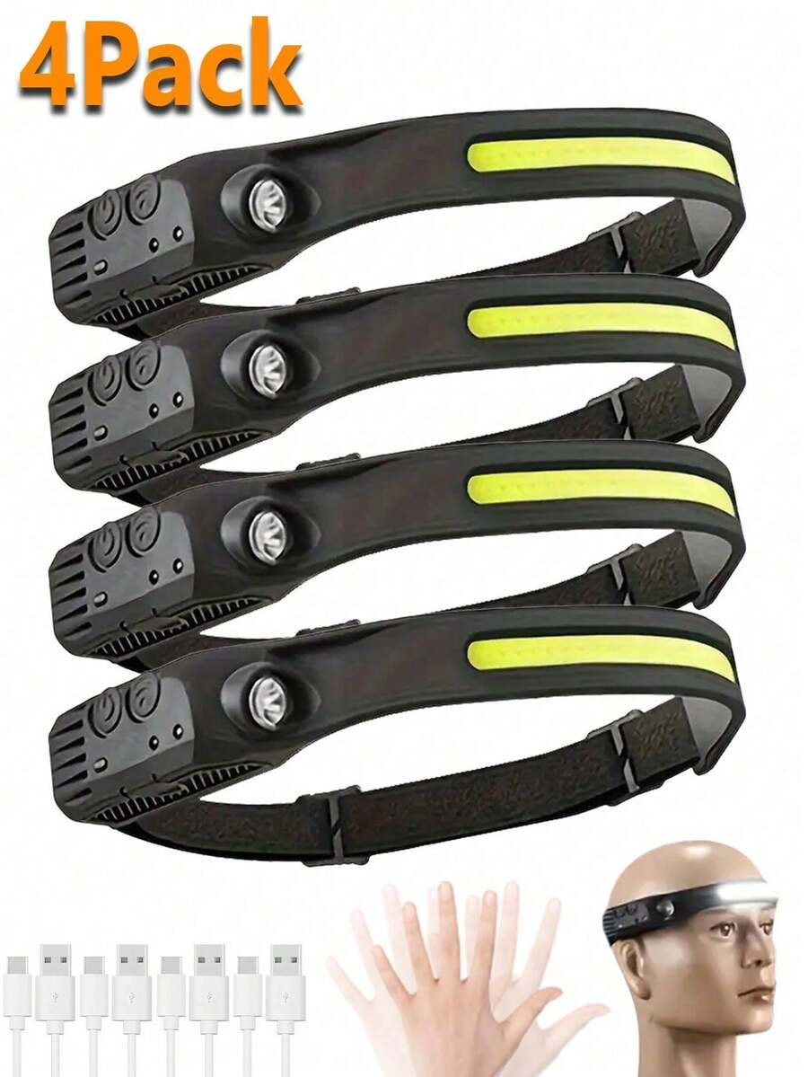 1/2/4pcs Waterproof Rechargeable Headlamp, 5 Ultra-Bright LED Lights, 4 Lighting Modes, Built-In 18650 Lithium Battery 600mAh, Powerful Flashlight, Suitable For Fishing, Night Riding, Adjustable Head Circumference, Perfect For Camping, Hiking