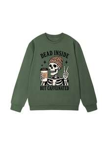 1pc Women's Dead Inside Skull Coffee Print Crew Neck Sweatshirt, Fun Y2K Comfortable Pullover, Suitable For Autumn Halloween Streetwear - Light Green - View 2