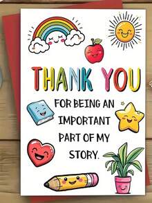 Happy Teacher Appreciation Cards With Envelopes - Vibrant Cartoon Design With Rainbow, Apple And Smiling Face, Daycare Or Preschool End Of Year Gift - A - View 1