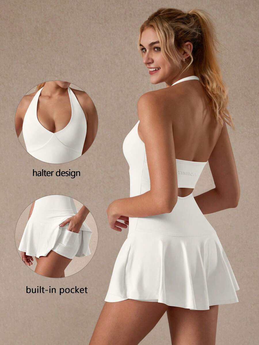 TimeOff Women's One Piece Solid Color Halter Neck Backless Pocket Lined Shorts Sports Romper - White - View 1