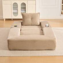 Folding Corduroy Sofa With High-Density Foam And Spring Core For Stable Seating, Side Pocket And Cup Holder, Armrest With Zip, Vacuum Packed, Easy Assembly, For Apartment And Living Room. - 卡其色 - 查看 6