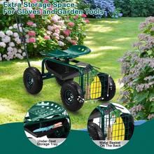 Garden Cart With Rolling Seat, Wheels, Adjustable Steering Handle & Utility Tool Tray, Planting Wagon Scooter, Gardening Tool For Senior, For Patio, Backyard, Lawn & Outdoor (Green) - Green - View 2