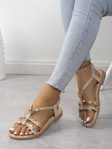 女款休閒彩色編織帶露趾平底鞋,舒適彈性帶一腳蹬羅馬涼鞋,適合戶外穿著 - 米色 - 查看 4