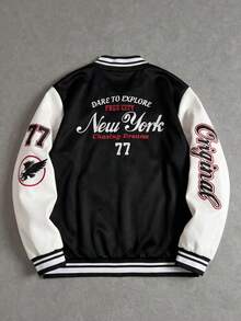 MAISONFOX Men's Colorblock Baseball Jacket With Vintage Patch & Arm Lettering, Crew Neck Loose Fit Bomber Jacket, Y2K Hip Hop Urban Outerwear - Black - View 3
