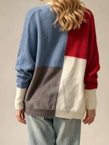 Women's Plus Size Colorblock Knit Cardigan, Red White Blue Colorway, Batwing Sleeve Open Front Sweater, Autumn/Winter Casual Fashion Street Style - Multicolor - View 4