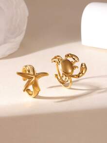 GEREIT 2pcs Minimalist Fashion Summer Beach Vacation Style 18K Gold Plated Stainless Steel Seahorse & Octopus Open Ring Set For Women, Suitable For Daily Beach Vacation Wear - Multiple Styles - View 6