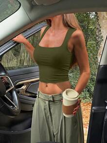 Women Square Neck Wide Strap Stretchy Slim Fit Crop Tank Top Basic Casual Camisole For Vacation Beach Street Daily Outdoor Wear - 橄欖綠 - 查看 2