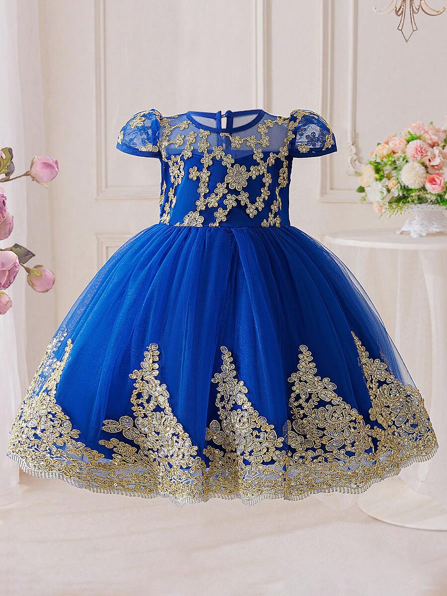 女童圓領精緻刺繡貼花網紗優雅公主禮服裙,適合晚宴派對與婚禮,布料花紋隨機裁剪,不含髮箍 - 寶藍色 - 查看 1