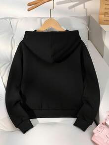 1pc Girls New Bowknot Embroidered Zipper Sweatshirt Jacket, Simple & Elegant Young Girl Hooded Sweatshirt - Black - View 2