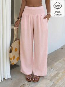 Women's Elegant Solid Color Trousers With Diagonal Pockets And Elasticated Waist BMLX - 淡粉紅色 - 查看 1