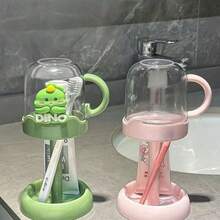 可愛卡通兒童牙刷架附杯子，防塵浴室牙刷與牙膏收納架，2合1瀝水乾燥架附排水底座，日系動物設計適合兒童，塑膠材質，適用於浴室洗手台、臥室、旅行、居家收納 - 彩色 - 查看 3