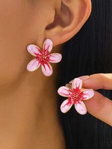 1 Pair Fashion Minimalist Floral Oil Drop Earrings For Women Daily Wear - Hot Pink - View 6