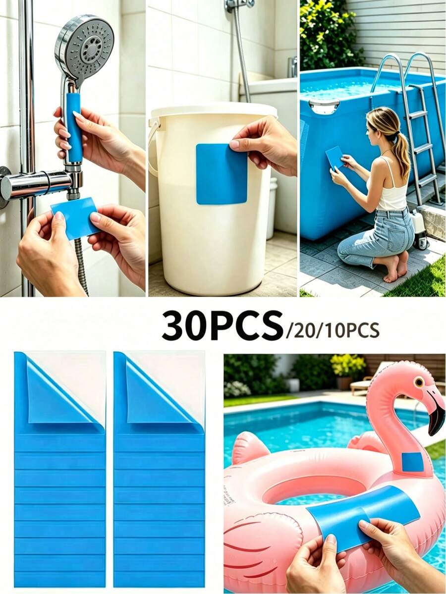 30/20/10 piezas Parches de reparación para piscina, Juego de parches autoadhesivos para piscina inflable, Cinta de reparación de vinilo para flotador de piscina inflable, Papel de parche de reparación resistente a desgarros, Parche de reparación de fugas para colchón inflable, Artículos esenciales para vacaciones