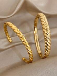 1Pc/Set Classic Gold Plated Textured Braided Open Stainless Steel Bangle Bracelet Set,For Women,Daily/Boho/Party/Wedding,Mom Gifts,Valentine Birthday - Multicolor - View 4