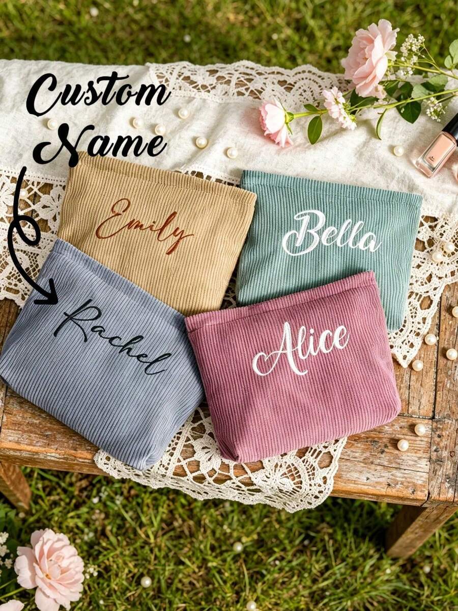 Customizable Makeup Bag, Personalized Name Corduroy Makeup Bag, Personalized Clutch, Customized Letter Name Logo Storage Bag, Makeup Storage Bag - Multicolor - View 1