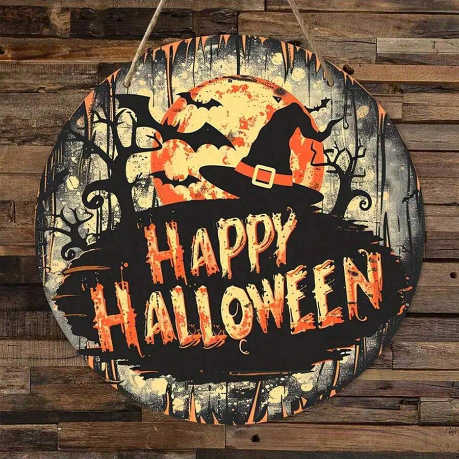 1pc Happy Halloween Home Decor Wizard Hat Wooden Round Sign Creative Decorative Sign Halloween Party Decoration Ornaments - Multicolor - View 1