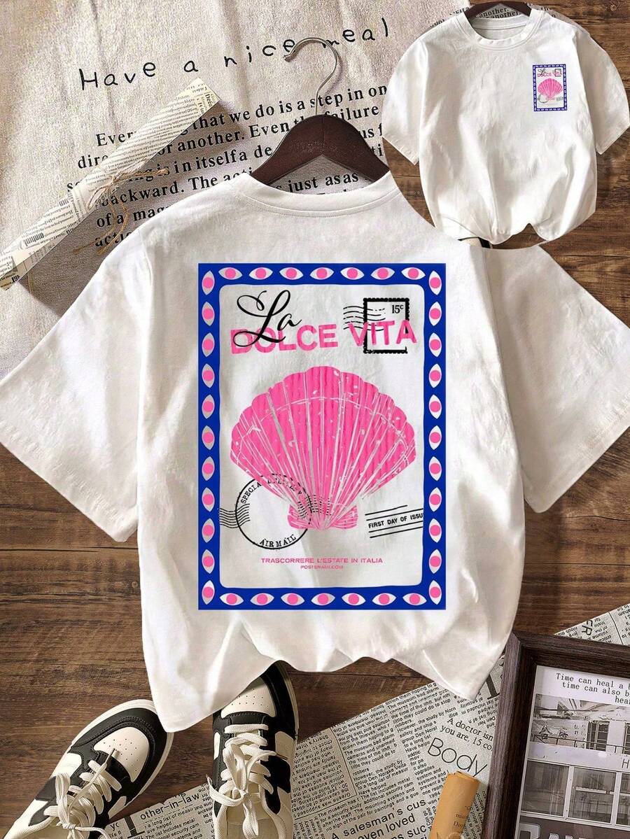 Summer Beach With Ocean Shell Print Pattern Women's Casual Round Neck Short Sleeve T-Shirt White - 魏斯 - 查看 1