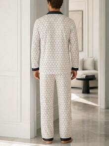 Men's Milk Silk Pajama Set, Geometric Print Lapel Long Sleeve Cardigan With Contrast Trim, 2 Pieces Loungewear - White - View 5