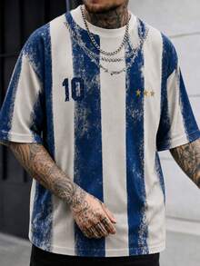 Fractyr 男士復古法式 No.10 三星垂直條紋 T-shirt，深藍色與白色做舊圓領短袖足球運動衫 - 藍白色 - 查看 5