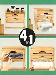 Dispenser multifunzionale in plastica per pellicola con taglio di pellicola ed etichette, dispenser in bambù per pellicole plastiche, carta stagnola e carta assorbente per cassetti da cucina - Visualizzare 5