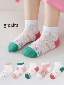 5 Pairs Summer Kids Thin Breathable Mesh Socks, Cute Cartoon Rabbit & Flower Baby Socks, Girls Short Socks - Multicolor - View 1