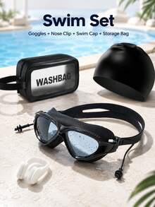 Swimming Goggles Set (Nose Clip + Storage Bag + Swim Cap + Goggles) Unisex Swimming Goggles, Waterproof Anti-Fog, New Upgraded Design, Wide Field Of View Anti-Fog Anti-Leak Swimming Pool Goggles, Suitable For Beach Vacation, Swimming Party - Black - View 1