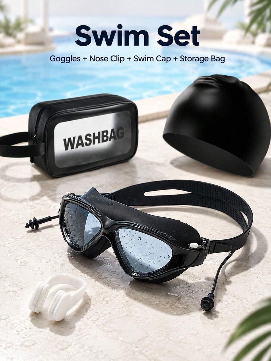 Swimming Goggles Set (Nose Clip + Storage Bag + Swim Cap + Goggles) Unisex Swimming Goggles, Waterproof Anti-Fog, New Upgraded Design, Wide Field Of View Anti-Fog Anti-Leak Swimming Pool Goggles, Suitable For Beach Vacation, Swimming Party - Black - View 1