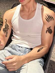 1 Sheet Men's Dark Gothic Temporary Tattoo Stickers, Multi-Pattern Black Animal Tattoo With Tiger, Crow, Turtle, Claw Marks & Feather, Waterproof Sweatproof Body Stickers For Halloween Party, Suitable For Arms, Legs, Shoulders And Back - Black - View 4