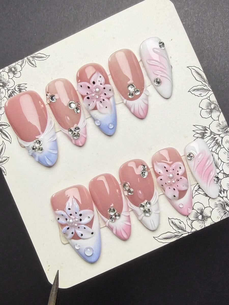 1 Set 10pcs Y2K Hot Girl Style Press-On Nails, Almond Shape Handmade Wearable Nails, Nude, Blue, Pink, White Nail Tips With French, Floral, Rhinestone Design, Glossy Nails For Women And Girls, Suitable For Party, Dance, Daily Wear, Includes Tool Kit (Note: Accessory Color Random) - Multicolor - View 1