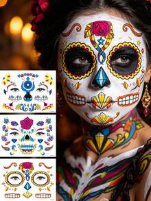 Pegatinas de Tatuaje Temporal de Calavera de Azúcar del Día de los Muertos para la Cara, 3 piezas, Calcomanías de Transferencia de Esqueleto Catrina Floral Colorido para Mejilla y Frente, Resistentes al Agua y al Sudor, Amigables con la Piel, Estética Vibrante, para Cosplay, Halloween, Accesorios de Festival - Multicolor - Ver 3