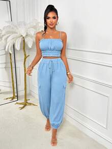 AIJ Women's Casual Elegant 2 Pieces Set, Spaghetti Strap Cropped Top With Drawstring Cargo Pants, Non-Stretch Fabric, Backless Ruffle Detail, Fashion Style, Lightweight And Breathable Fabric - Sky Blue - View 4