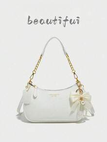 Women's Solid Color PU Material Shoulder Bag, Letter, Bow And Pearl Pendant - White - View 6