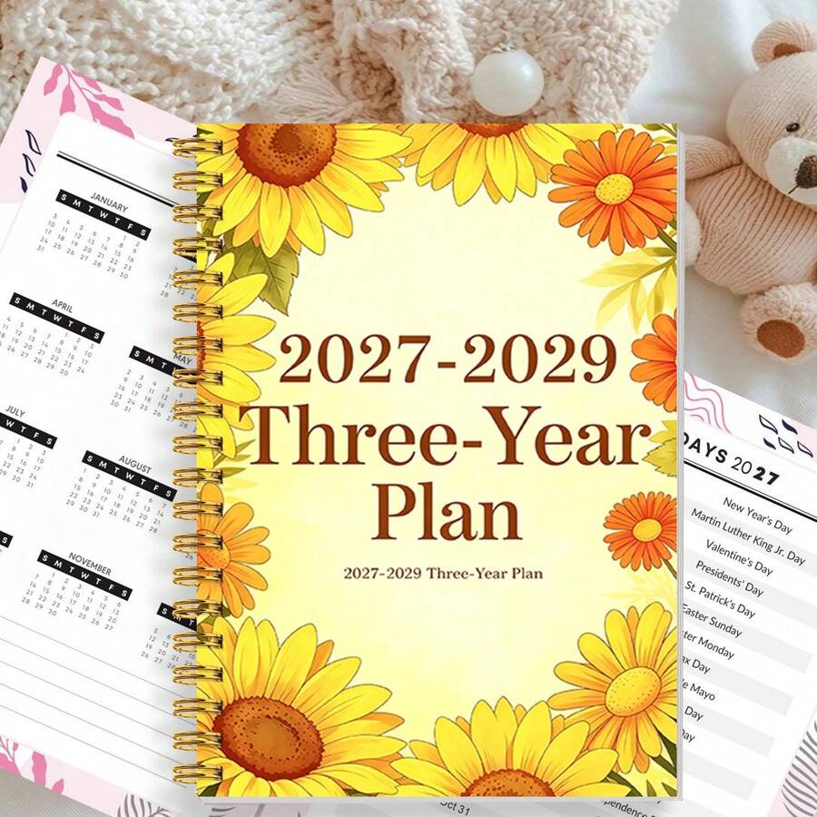DANPERJI 1本 A5 2027-2029 三年計畫日曆本，向日葵邊框設計，三年計畫書，月計畫，辦公桌面，桌面收納，規劃與記錄，行程管理，個人成長，專業人士，創業家 - 1pc - 查看 1