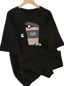 Women's T-Shirt Made Of Pure Cotton With A Unique Design Print, New Summer Style 2026, Loose Fit, Slimming Top For Female Students. - 黑色 - 查看 1