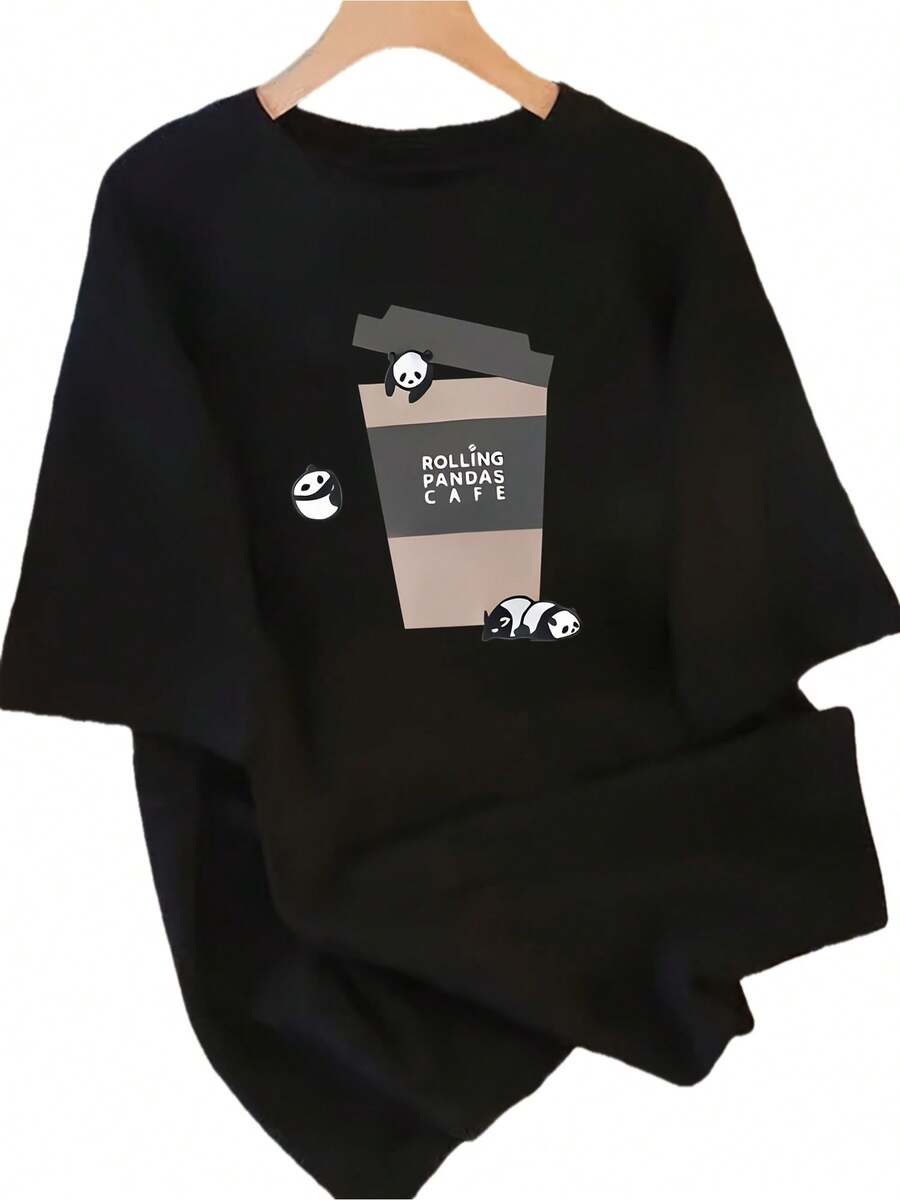 Women's T-Shirt Made Of Pure Cotton With A Unique Design Print, New Summer Style 2026, Loose Fit, Slimming Top For Female Students. - 黑色 - 查看 1