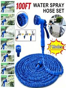 100FT Expandable Garden Hose, Water Pipe Flexible Hose With 7 Function Spray Nozzle For Watering Lawn Yard Garden Car Washing Pet Cleaning Easy Storage Ergonomic Design (Blue) - 藍色 - 查看 2